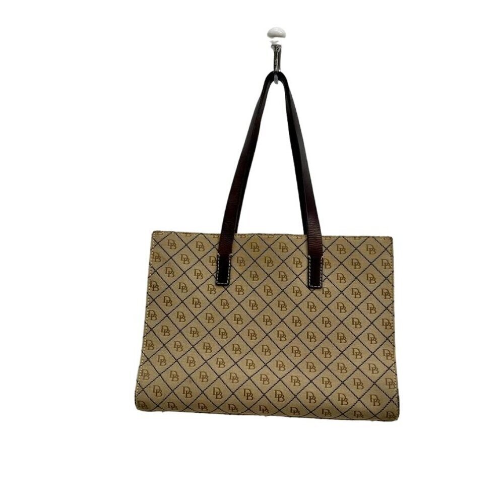 Numbered Dooney & Bourke Beige Logo Tote Bag With Brown Leather Straps and Trim - Picture 2 of 13